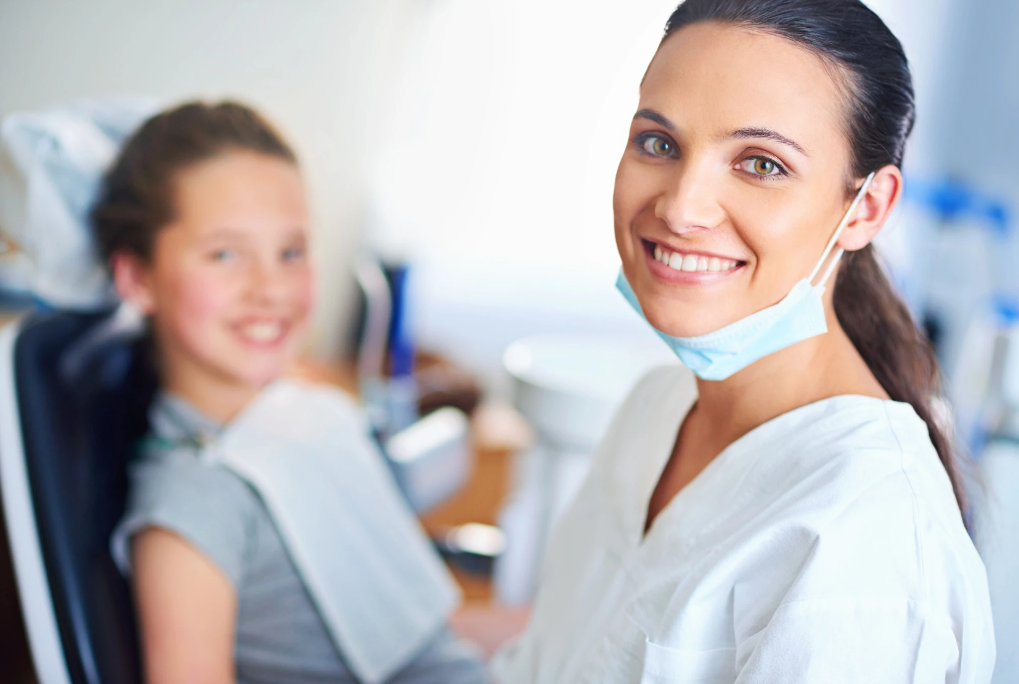 Child at dental clinic for cleaning or whitening