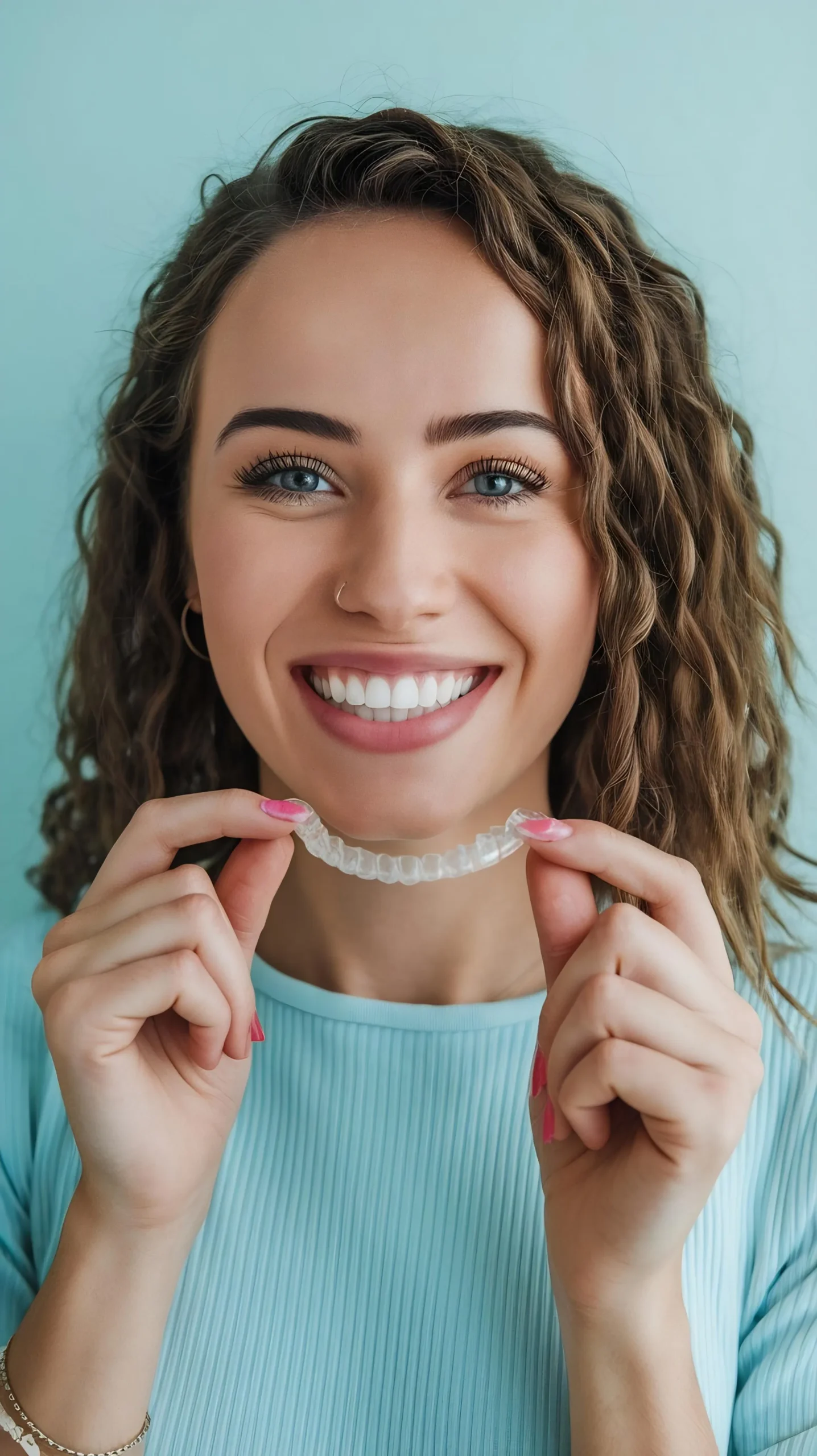 young woman with beautiful teeth is holding invisalign healthy dental concept scaled